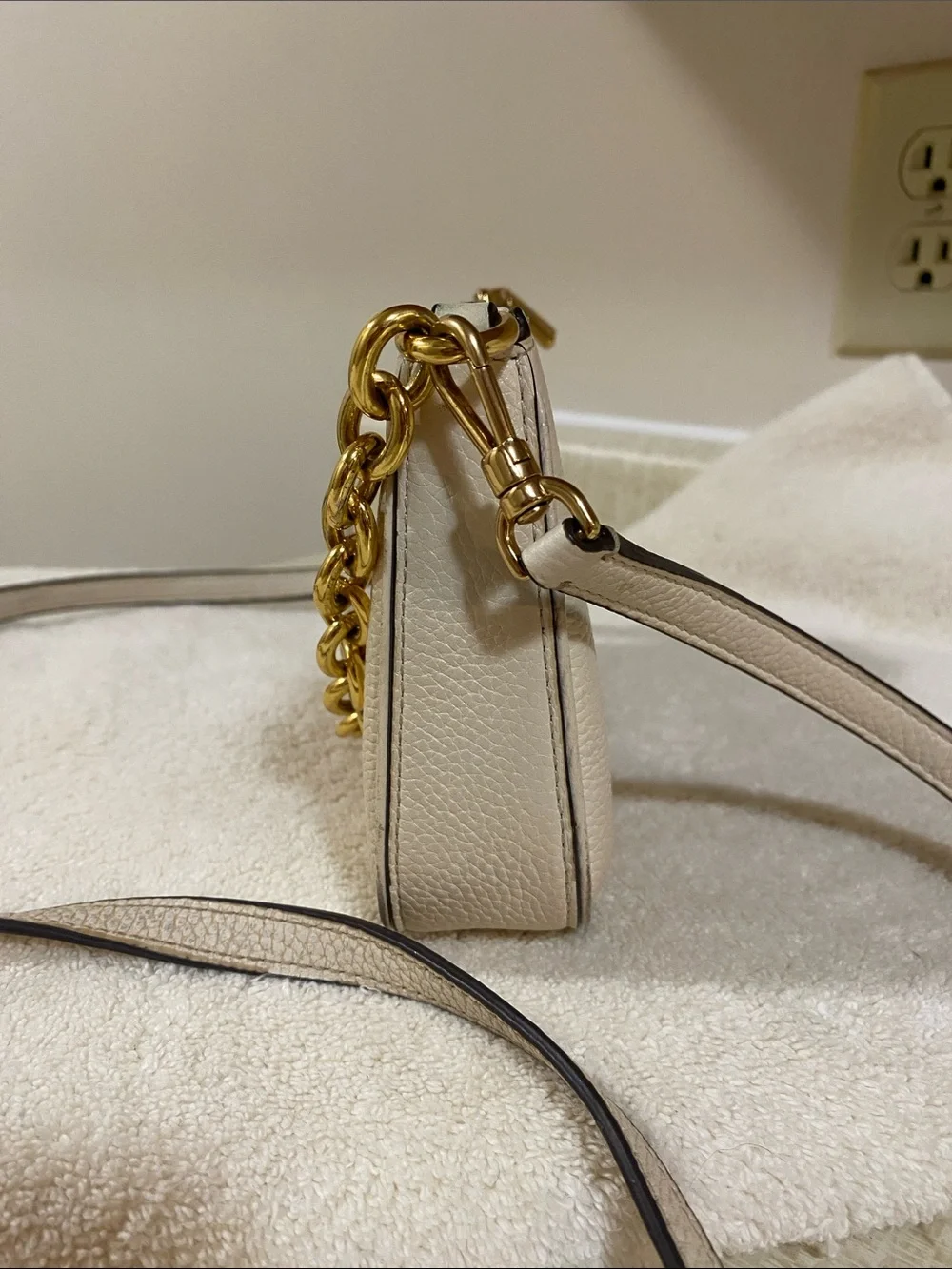 kate spade Cream Pebbled Leather Crossbody with Gold Chain Accent